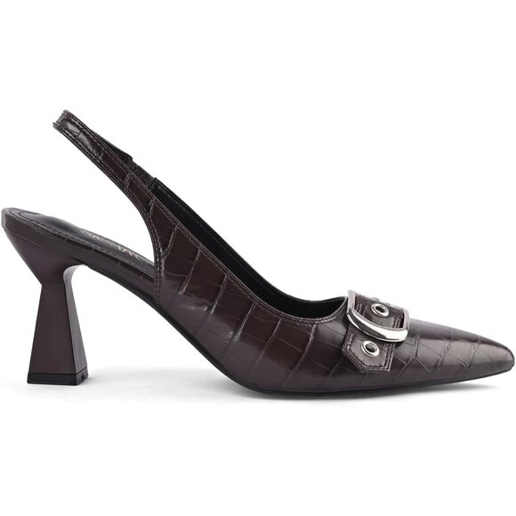 Burgundy Women Slingback Kitten Heels Pointed Toe Pumps Shoes with Buckle Strap - Picture 2 of 8